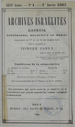 Archives israélites de France. Vol.26 N°01 (01 janv. 1865)